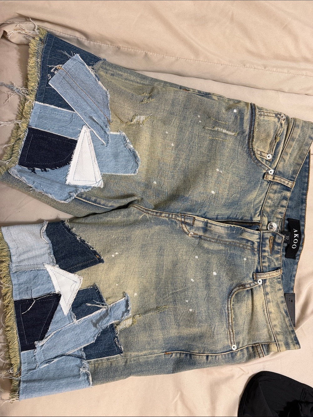 Akoo Distressed Patchwork Blue Jean Shorts